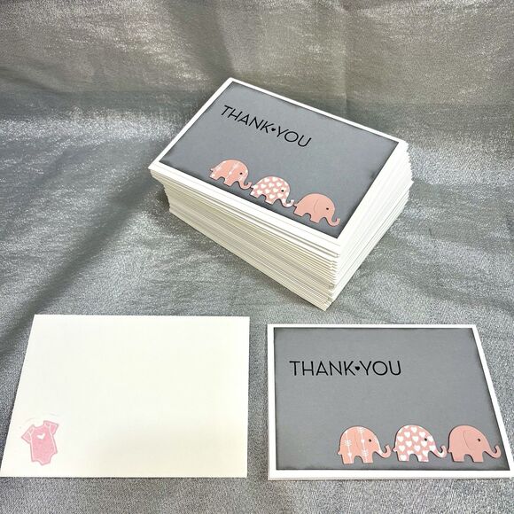 THANK YOU CARDS 30-Pack Girl Baby Shower - Pink Elephants /Gray with envelopes - Picture 2 of 5